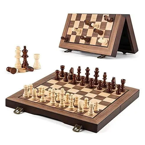 Produktbild: Gibot Schachspiel Holz Hochwertig, Magnetisches Schachspiel,2 in 1 Schach und Dame Spiel Holz,Tragbares und Klappbares Schachbrett,Reiseschach,Chess Board, Schach für Kinder und Erwachsene,30 x 30cm