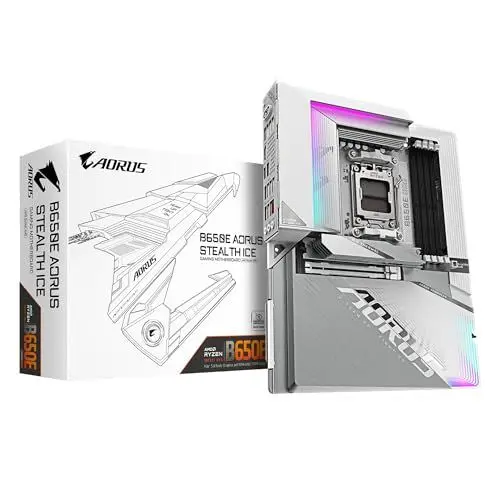 Produktbild: GIGABYTE B650E AORUS Stealth Ice Mainboard - AMD Ryzen 9000er-Serie, 12+2+2 Phasen VRM, bis zu 8000 MHz DDR5 (OC), 1xPCIe 5.0 + 2xPCIe 4.0 M.2, 2,5 GbE LAN, WiFi 7, USB 3.2 Gen 2x2