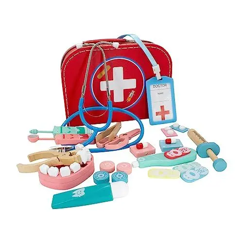 Produktbild: Kinder Arztkoffer Doktorkoffer Arztköfferchen, 24tlg mit viel Zubehör aus Holz und funktionsfähigem Stethoskop 18235