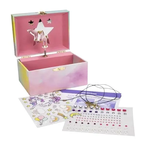 Produktbild: GICO DIY Schmuckkästchen Einhorn für Mädchen Kinderspieluhr mit Musik, drehender Figur und Spiegel Geburtstagsgeschenk Mädchen Schmuckbox Kinder 15 x 13 x 9 cm - DIY-876
