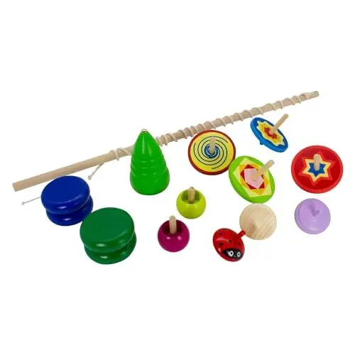 Produktbild: GICO Kinder Kreisel und JoJo Set mit 12 klassischen Kreiseln und Jojos aus Holz -KSet