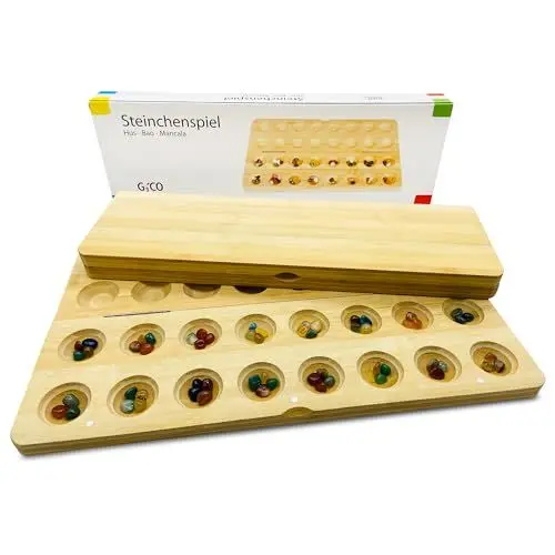 Produktbild: GICO Steinchenspiel Hus Bao Mancala groß aus Holz mit Edelsteinen. Das Strategiespiel für Jung und Alt bekannt aus dem Kindergarten - 7953