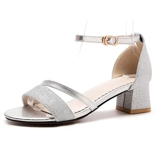 Produktbild: Gicoiz Bride Hochzeit Blockabsatz Pailletten Sandalen Sparkly Basic Knöchelriemchen Party Glitzer Schuhe Mode Mitte Absatz Schuhe Kleid Silber Gr 34 EU