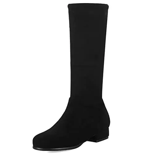 Produktbild: Gicoiz Damen Comfy Runde Zehen Niedrige Absatz Stretch Hohe Stiefel Winter Mode Ohne Verschluss Lange Warm Draußen Riding Stiefeletten Wildleder Schwarz Gr 40.5 EU-42Cn