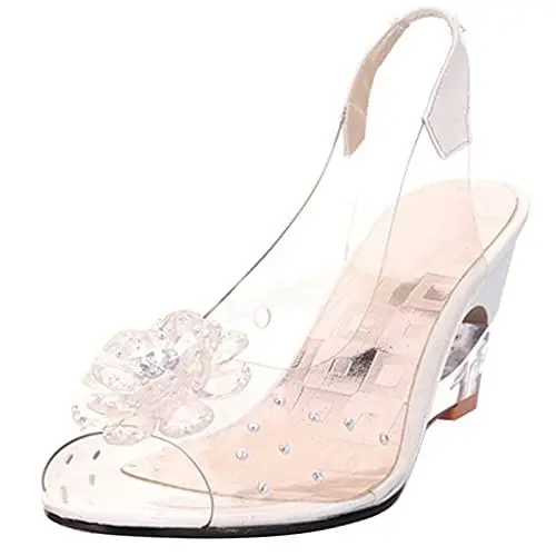 Produktbild: Gicoiz Damen Peep Toe Blumes Keilabsatz Sandalen Transparent Hochzeit Hausschuhe Pantoffeln Elegant Sommer Party Pantoffeln Slingback Bride Schuhe Beige Gr 38 EU-39Cn