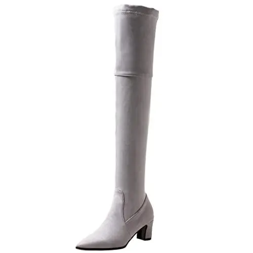 Produktbild: Gicoiz Damen Pointed Toe Wildleder Overknees Stretch Stiefel Winter Warm Blockabsatz Stiefel Elegant Party Kleid Thigh High Long Stiefeletten Grau Gr 38 EU-39Cn