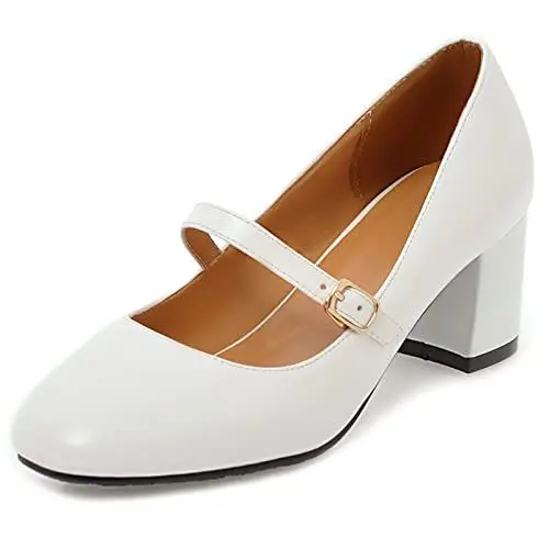 Produktbild: Gicoiz Fußkleidung Damen Basic Square Toe Mary Jane Blockabsatz Schuhe Comy Knöchelriemchen Arbeit Kleid Weit Fit Bridal Pump Pu Weiß Gr 42 EU-44Cn