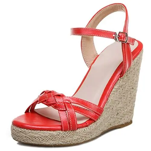 Produktbild: Gicoiz Keilabsatz Plateau Espadrille Damen Mode Sandalen Strappy Offene Zeh Sommer Leisure Knöchelriemchen Höhe Ferse Gladiator Schuhe Rot Gr 37 EU-38Cn