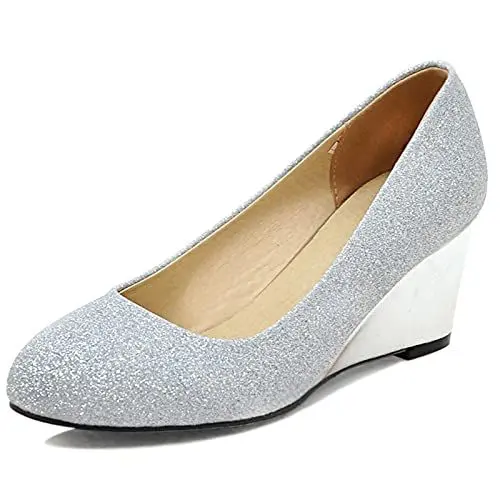 Produktbild: Gicoiz Keilabsatzs Glitzer Damen Geschlossen Hochzeit Schuhe Ohne Verschluss Höhe Ferse Pump Komfort Party Sparkly Pump Mode Silber Gr 38 EU-39Cn