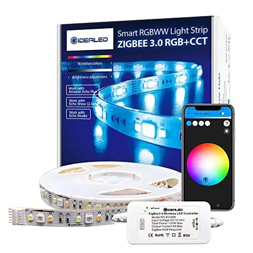 Produktbild: GIDEALED Smart ZigBee 3.0 RGBWW LED Streifen 5m Kit mit kompatibler HUB Brücke,Echo Plus für APP/Alexa Sprachsteuerung RGB Kaltweiß Warmweiß Dimmbares RGBCCT LightStrip Plus Ambient Beleuchtung