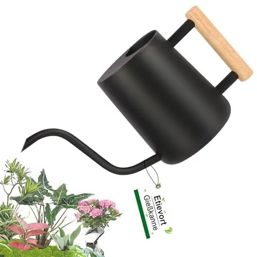 Produktbild: Gießkanne Zimmerpflanzen, 1L Gießkanne Klein, Gießkanne Edelstahl, Gießkanne Schwarz mit langem Auslauf und komfortablem Holzgriff, Giesskanne Klein für Außenpflanzen, Sukkulenten, Kräutergarten