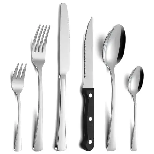 Produktbild: Gifcomda Besteck Set, 36-teiliges Besteckset für 6 Personen mit Steakmesser, Messer Gabel Löffel, Edelstahl Essbesteck für Familie/Party/Restaurant, Spiegelpoliert & Spülmaschinenfest