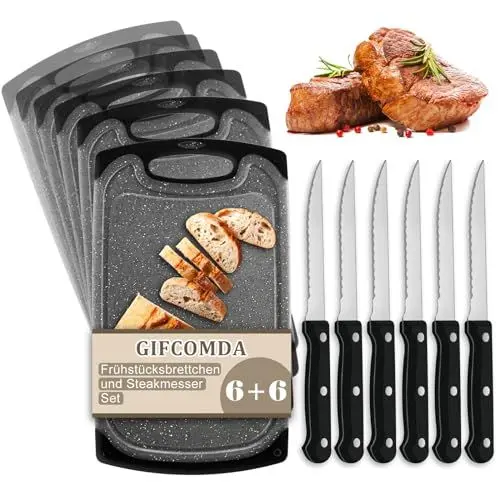Produktbild: Gifcomda Frühstücksbrettchen 6er Set mit 6er Steakmessern, 25x15cm Kleines Dunkelgrau Frühstücksbrettchen Kunststoff Set, BPA frei, Antibakteriell, Rutschfest mit Saftrille, Spülmaschinenfestes