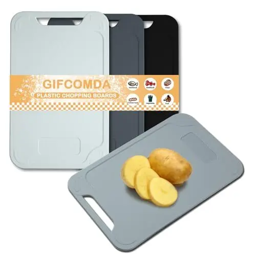 Produktbild: Gifcomda Schneidebrett Kunststoff, 4-er Schneidebrett Set mit DIY-Aufkleber, Easy Grip Griffe, Antibakteriell, Spülmaschinenfestes, für Fisch/Gemüse/Obst/Fleisch