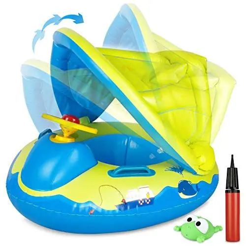 Produktbild: Gifort Baby Schwimmring Aufblasbarer, Baby Schwimmhilfe Schwimmen Boot Schwimmtrainer mit Einstellbar Sonnendach, Baby Float Urlaub Spielzeug für Kinder ab 12 bis 48 Monaten