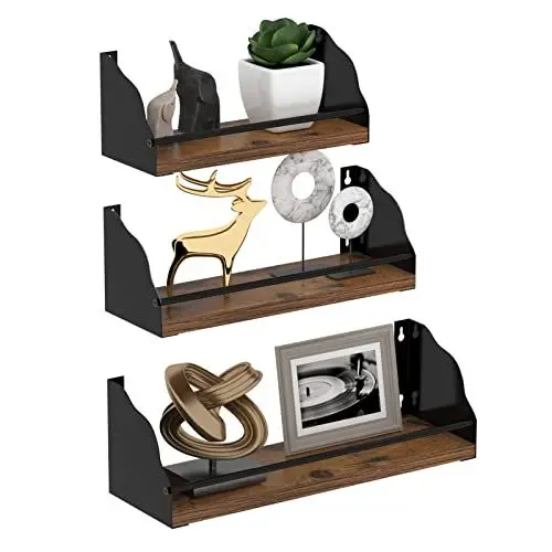 Produktbild: Giftgarden Wandregal Schwarz mit Zaun, Schweberegal mit Metall und Holz für Wohnzimmer, Küche, Kinderzimmer, Schlafzimmer oder Büro, 3 Stück mit Verschiedene Größen