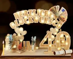 Produktbild: Giftota Original 40. Geburtstag Geldgeschenke Holz mit LED Lichterkette, Geschenke zum 40 Geburtstag Mann Frau, 40. Geburtstagsgeschenk Dekoration