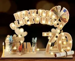 Produktbild: Giftota Original 70. Geburtstag Geldgeschenke Holz mit LED Lichterkette, Geschenke zum 70 Geburtstag Mann Frau, 70. Geburtstag Dekoration