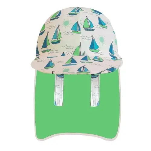 Produktbild: Gifts Treat Baby Boys Sonnenhut Kinder Legionärshut, UPF 50+ Sonnenschutz Badekappe Klapphut, Baby Sonnenhut mit Nackenschutz, Boote, grün, 2-4 Jahre
