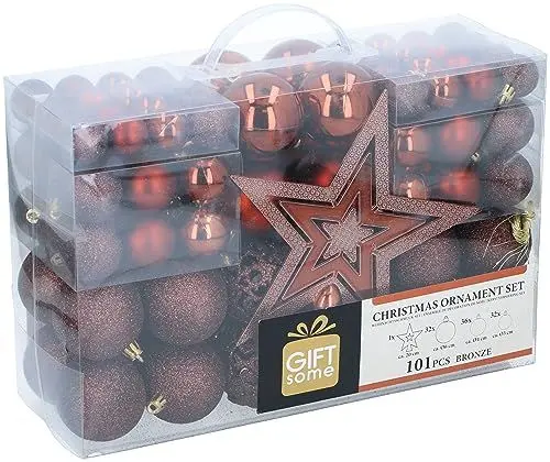 Produktbild: Giftsome 101 Weihnachtskugeln im Set - Weihnachtsbaumschmuck - Weihnachtsbaum Deko - Unzerbrechlich - für Drinnen und Draußen - Kunststoff - Ø3/4/6 cm - Matt, Glänzend, Glitzernd und Offen - Bronze