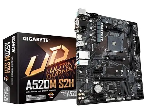 Produktbild: GIGABYTE A520M S2H Mainboard - Unterstützt AMD Ryzen 5000 Serie AM4 CPUs, 4+3 Phasen reines digitales VRM, bis zu 5100MHz DDR4 (OC), PCIe 3.0 x4 M.2, GbE LAN, USB 3.2 Gen 1