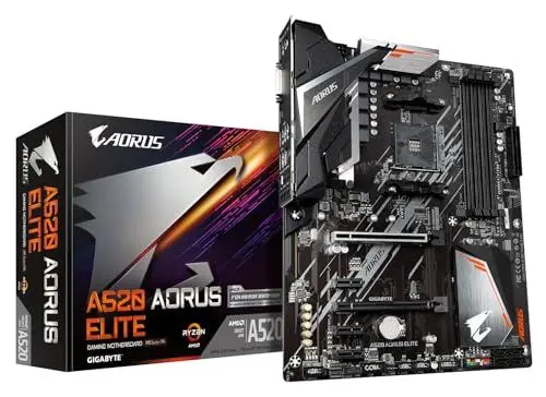 Produktbild: GIGABYTE A520 AORUS ELITE Motherboard - Unterstützt AMD Ryzen 5000 Serie AM4 CPUs, 5+3 Phasen Pure Digital VRM, bis zu 4733MHz DDR4 (OC), PCIe 3.0 x4 M.2, GbE LAN, USB 3.2 Gen2