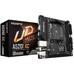 Produktbild: GIGABYTE A520I AC Motherboard - Unterstützt AMD Ryzen 5000 Series AM4 CPUs, 6 Phasen Digital VRM, bis zu 5300MHz DDR4 (OC), 1xPCIe 3.0 M.2, WIFI, GbE LAN, USB 3.2 Gen1