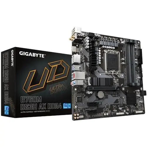 Produktbild: GIGABYTE B760M DS3H AX DDR4 Motherboard - Unterstützt Intel Core 14. Generation CPUs, 6+2+1 Phasen Digital VRM, bis zu 5333MHz DDR4 (OC), 2xPCIe 4.0 M.2, Wi-Fi 6E, 2.5GbE LAN, USB 3.2 Gen2