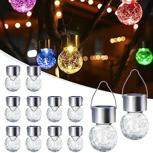 Produktbild: GIGALUMI 12 Stück Solar-Außenleuchten, Solar-Hängeleuchten für Weihnachtsdekoration, rissiges Glas, Solarleuchten für den Außenbereich, wasserdicht, für Garten, Hof, Zaun, Baum (Farbwechsel)