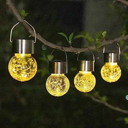 Produktbild: GIGALUMI Solar-Hängeleuchten für außen, 4 Stück Solar-Außenleuchten, rissiges Glas, Wasserdicht Solarleuchten für außen, Garten, Weihnachtsdeko, Hof, Zaun, Baum (warmweiß)