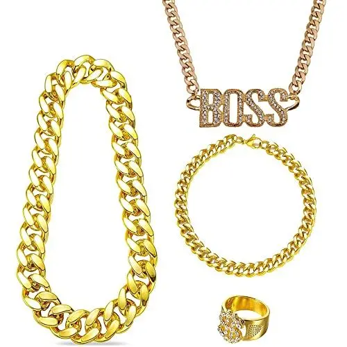 Produktbild: GIGIIS BOSS Halskette Dollar Ring 4 Stück Hip Hop Halsketten und Ring Gold Armbänder Hiphop Rapper Punk Gold Kette Goldring für 70er 80er 90er Jahre Fasching Accessoires Mottoparty