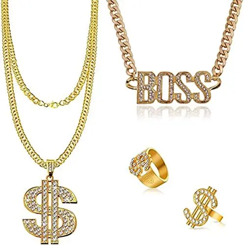 Produktbild: GIGIIS Dicke Goldkette Fasching BOSS ＆ Dollar Kette Set Rapper Gangster Kette Glieder HipHop Schmuck Herren Halskette mit 2 Dollarzeichen Ring 70er 80er 90er Deko für Karneval & Mottoparty