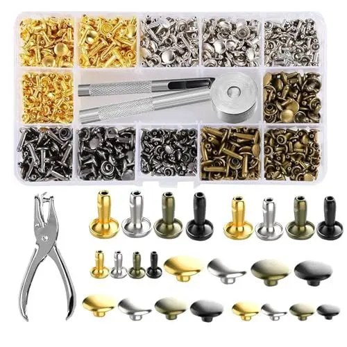 Produktbild: GIGIIS Leder Nieten 480 Set Doppelkappe Nieten 3 Größen Ledernieten Metallnieten Set Metall Doppelkappe Nieten Set mit 3 Stück Fixierung Werkzeug + Lochzange für DIY Leder Handwerk Tasche Gürtel
