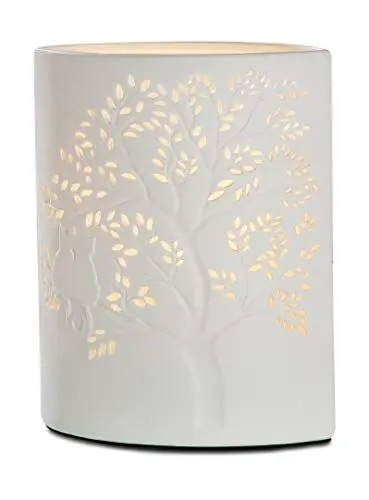 Produktbild: GILDE Porzellan Lampe Tischlampe Dekolampe Katze auf Baum - Standlampe mit Lochmuster weiß H 20 cm