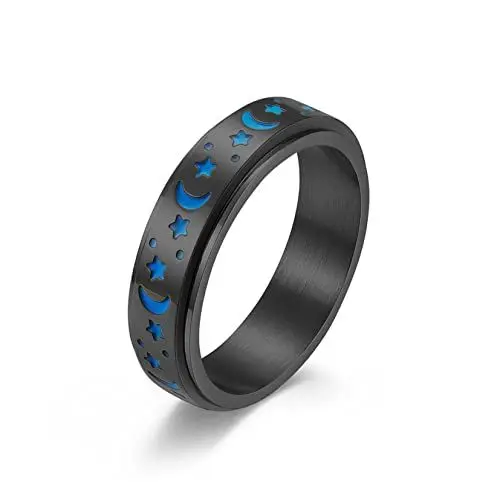 Produktbild: Gilieyer Edelstahl Fidget Band Ringe, Mond und Stern Drehbare Ringe Fidget Ring für Damen Männer Stress Relief Spinner Ring Hochzeit Band Größe 7-11 (Leuchtendes Schwarz, 8)