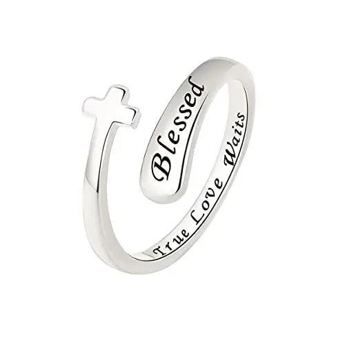 Produktbild: Gilieyer Kreuz Ringe, Christliche Ringe Offener Verstellbar Inspirierende Ringe Jesus Kreuz Ring Bibel Kreuz Schmuck für Damen Herren (Blessed Silber)