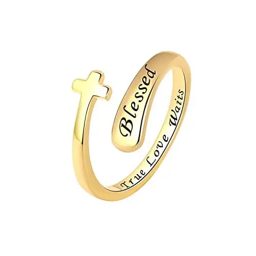 Produktbild: Gilieyer Christlicher Kreuzring - Offener Verstellbarer Inspirierender Ring, Bibel-Schmuck für Damen und Herren (Blessed Gold)