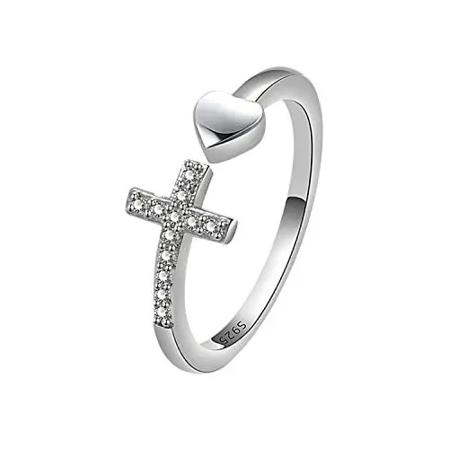Produktbild: Gilieyer Herz Kreuz Ringe, Christlicher Ring Offener Verstellbar Religiöse Inspirierende Ringe Jesus Bibel Kreuz Schmuck für Frauen Mädchen Herren (Herz Silber)