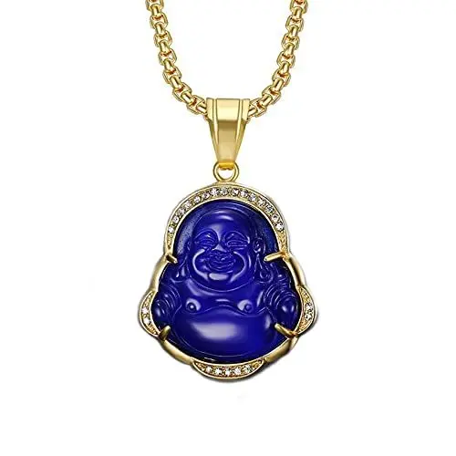 Produktbild: Gilieyer Lachender Buddha Halskette, Buddha Anhänger Grüner Jade Buddha Halskette Cubic Zirkonia Buddha Kette Halskette Buddha Schmuck Glücksgeschenkes für Frauen (Blau)