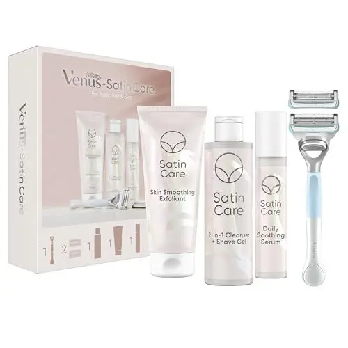 Produktbild: Gillette Venus für den Intimbereich Rasierer Damen und Geschenkset, Damenrasierer Intimbereich + 2 Rasierklingen, Peeling, 2-in-1 Reinigungs- und Rasiergel, Serum, Kosmetiktasche, Geschenk für Frauen