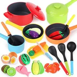 Produktbild: GILOBABY Kinderküche Zubehör, Spielküche Zubehör, Küchenzubehör Kinder Spielzeug Lebensmittel mit Topfset und Kochgeschirr, Lernspiele Kinderspielzeug Geschenk für Jungen Geburtstag ab 3 Jahre (Rot)