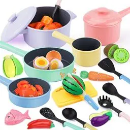 Produktbild: GILOBABY Kinderküche Zubehör, Spielküche Zubehör, Küchenzubehör Kinder Spielzeug Lebensmittel mit Topfset und Kochgeschirr, Lernspiele Kinderspielzeug Geschenk für Mädchen Geburtstag ab 3 Jahre (Rosa)