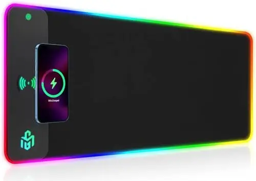 Produktbild: RGB Gaming Mauspad 15W Qi Mousepad LED, 10 Beleuchtungsmodi mit 15W Schnellladung Qi Kabelloses Laden für I-Phone Handy, Kopfhörer, Wasserdicht, rutschfest für Gaming, Schreibtische, PC und Büro