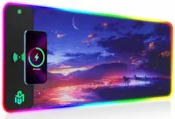 Produktbild: RGB Gaming Mauspad 15W Qi Mousepad LED, 10 Beleuchtungsmodi mit 15W Schnellladung Qi Kabelloses Laden für I-Phone Handy, Kopfhörer, Wasserdicht, rutschfest für Gaming, Schreibtische, PC und Büro
