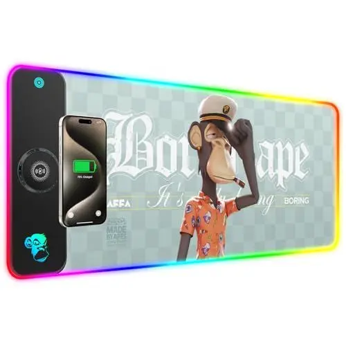 Produktbild: GIM RGB Gaming Mauspad mit 15W Wireless Charging, Bored Ape Yacht Club -(BAYC) NFT Edition LED Mauspad mit 10 Lichtmodi, Extra großes Mauspad 800x300x4MM, Computer Tastaturmatte für Gaming (BAYC-B)