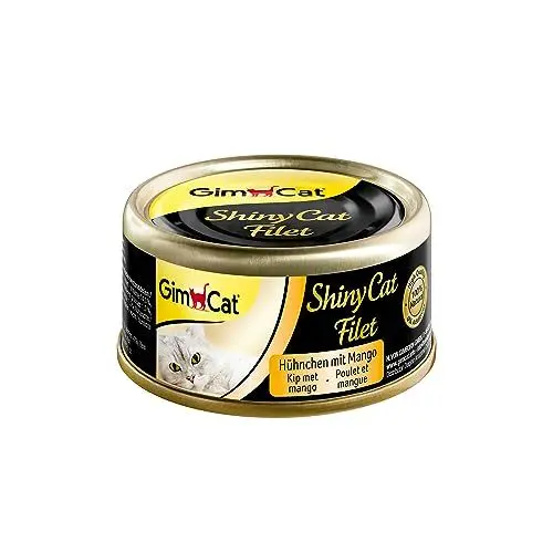 Produktbild: GimCat ShinyCat Filet Hühnchen mit Mango - Katzenfutter mit saftigem Filet ohne Zuckerzusatz für ausgewachsene Katzen - 24 Dosen (24 x 70 g)