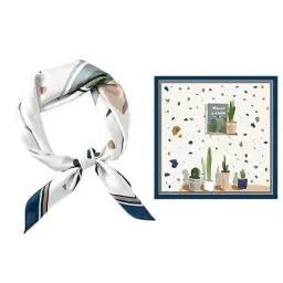 Produktbild: GIMIRO Schal aus imitierter Seide (53 x 53cm) Quadratische Schals Impressionismus-Muster Vintage-Schal für Büroarbeit oder lässigen Bund (White - Green Plants)