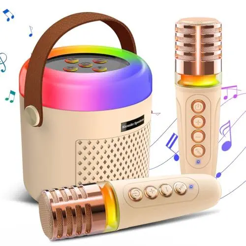 Produktbild: Gindoly Karaoke Maschine Kinder & Erwachsene, Bluetooth Mini Karaoke Set mit 2 Mikrofonen, Tragbare KaraokeMaschine mit LED-Licht & Sprachveränderungseffekten,Jungen Mädchen Geschenke Spielzeug-Beige