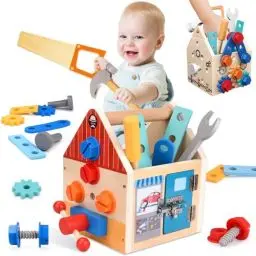 Produktbild: Gindoly Werkzeugkoffer Kinder Set,32 Stück Holzspielzeug Kinderwerkzeug,3 4 5 6 Jahre Lernspiele Montessori Spielzeug Werkzeugkasten,Werkzeugkasten Kinder Jungen&Mädchen