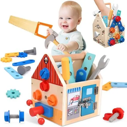 Produktbild: Gindoly Werkzeugkoffer Kinder Set,32 Stück Holzspielzeug Kinderwerkzeug,3 4 5 6 Jahre Lernspiele Montessori Spielzeug Werkzeugkasten,Werkzeugkasten Kinder Jungen&Mädchen